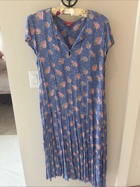 April Cornell Blue Midi Dress with Pink Floral Pattern